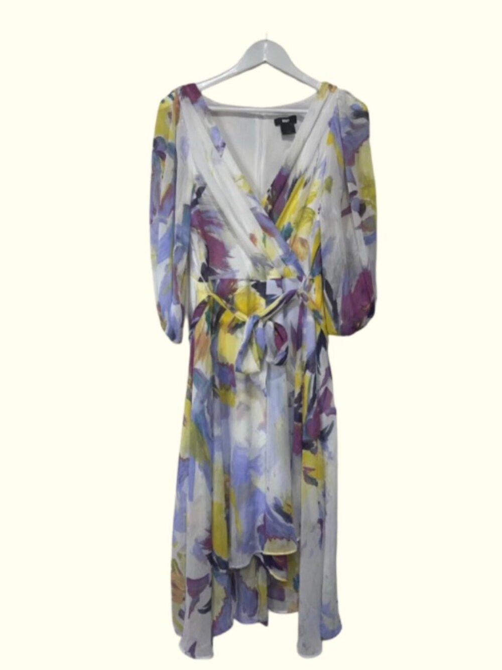 DKNY Floral Wrap Midi Dress in White, Yellow & Purple sz 16